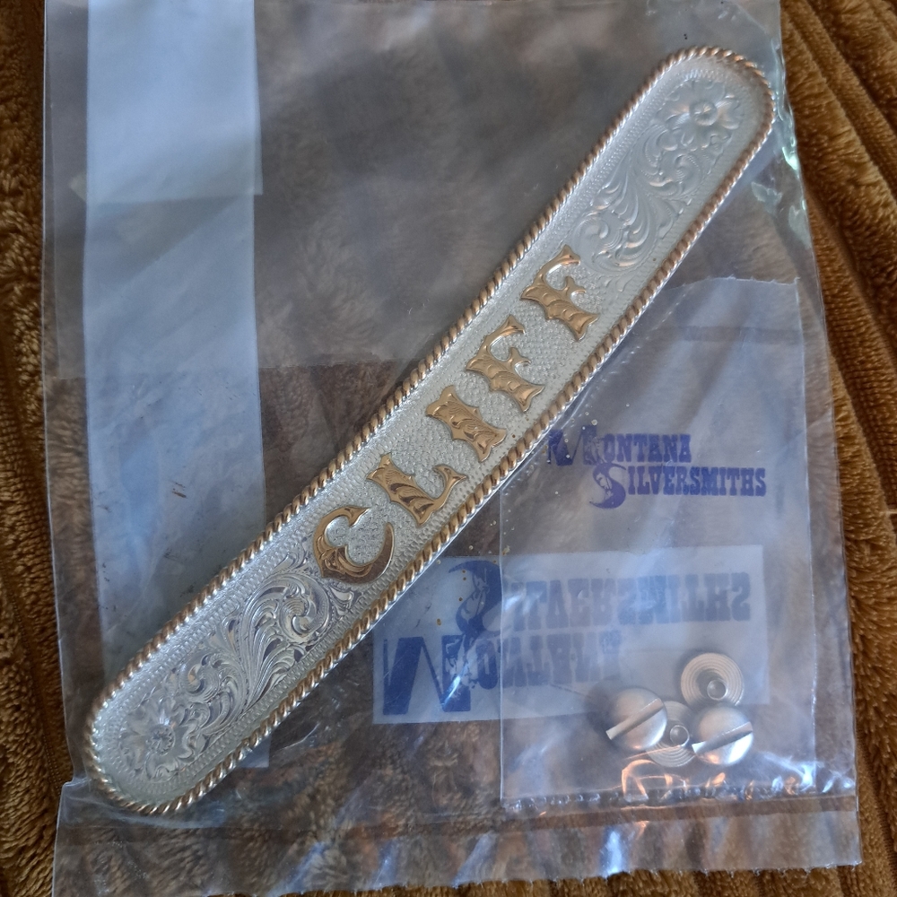 Montana Silversmiths Silver Engraved Gold Trim Western Saddle Plate. "CLIFF" - Picture 2 of 6